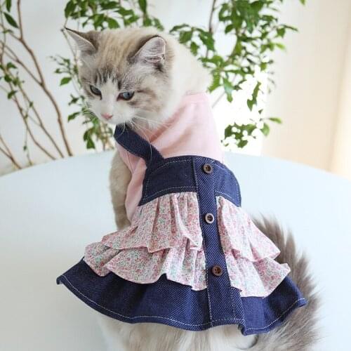 Summer Cat Dress Princess Floral Denim Strap Dress Trendy Cat One-piece Dress Dog Pet Clothes