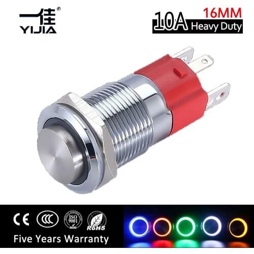 10A Current Waterproof 16mm metal self-locking Momentary push button switch High Head RING logo 12 24 110V RED GREEN Blue Led