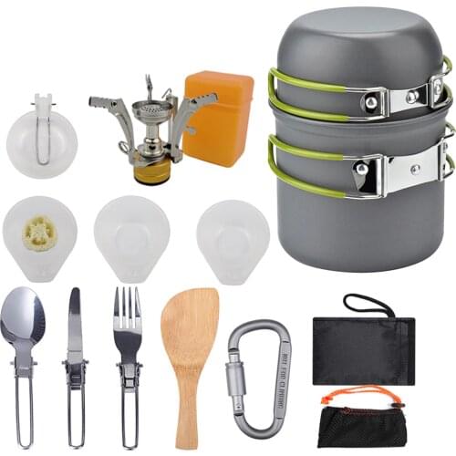 Outdoor Camping Hiking Tableware Aluminium Alloy Cookware Cooking Picnic Traveling Bowl Pot Pan Set for 1-2 person