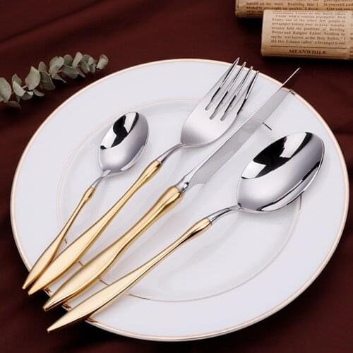 24CS Stainless Steel Gold Cutlery Knife Fork Spoon Set of Dining Tableware Dinnerware Sets Kitchen Utensils Reusable Korean