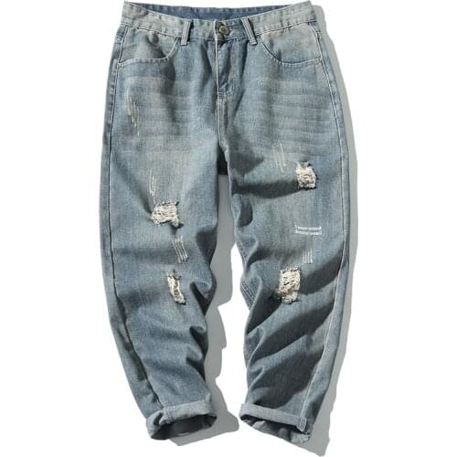 New Mens Jeans Brand Fashion Hole Loose Loose Straight Jeans Trend Shallow Wash Mens Solid Color Comfortable Denim Trousers