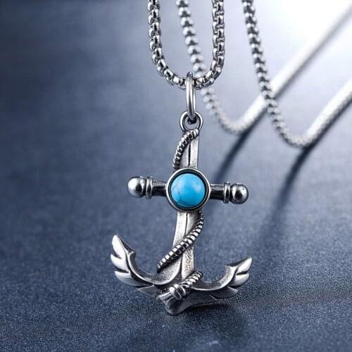 Red/Blue Stone Anchor Necklace Charms Men Women Stainless Steel Pendnat Punk Hip Hop Unique for Male Boy Fashion Jewelry Gift