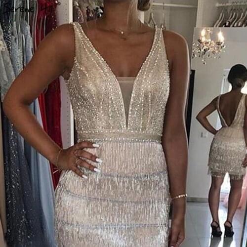 Champagne Sexy V-Neck Short Dresses Tassel Beading Party Cocktail Dresses Serene HiLL DLA70124