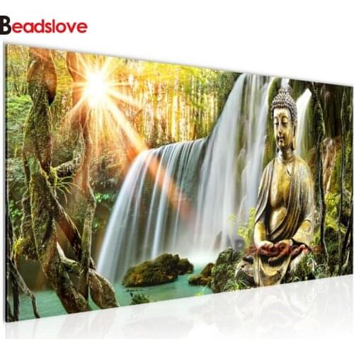 Full square round Diamond Painting sunshine waterfall buddha Diamond Embroidery Cross Stitch Diamond stones puzzle, artworks