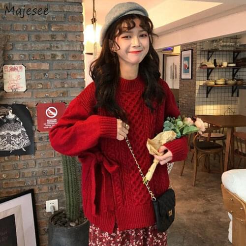 Women Pullovers Autumn Red bow Split Long Sleeve Sweet Loose Simple Vintage Knitted Students New All-match Chic Korean Sweaters