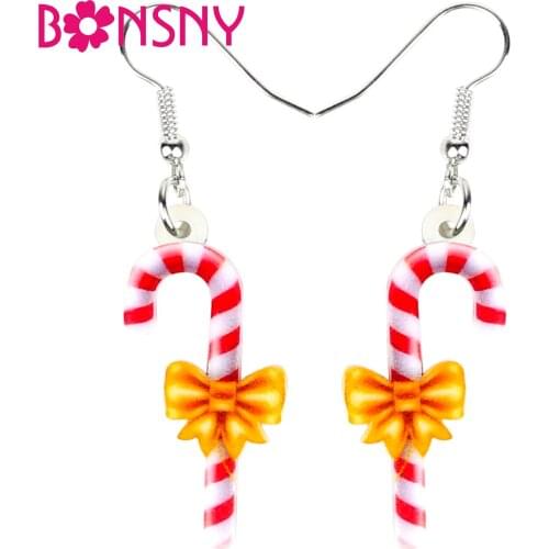 Bonsny Acrylic Christmas Cute Candy Cane Earrings Drop Dangle Ornaments Decoration Jewelry For Women Girl Teen Gift Navidad 2018