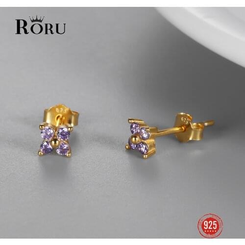 S925 Sterling Silver Stud Earrings Purple Zircon Gold Ear Jewelry Exquisite Stylish Mini Gift for Women Earrings