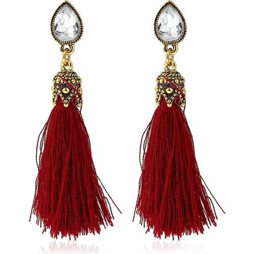Water Drop Shape Rhinestone Long Tassel Earring Ethnic Black White Red Earring For Women Wedding Jewelry Gift Party