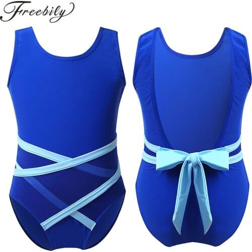 Kids Sleeveless U-Shaped Back Strappy Waist Ballet Dancewear Gymnastics Leotards for Girls Child Stage Performance Dance Costume
