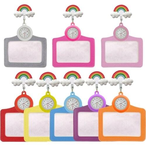 Rainbow Cloud Pattern Nurse Doctor Hospital Retractable FOB Pocket Watches 2 in 1 Women Clips Badge Reel ID Name Cards Holders