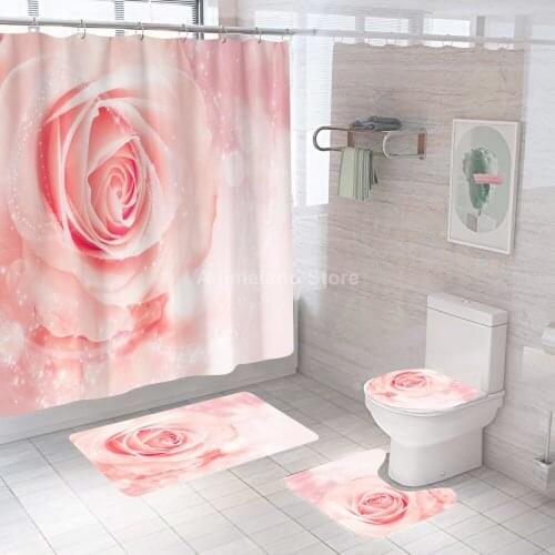 Pink Rose 3D Shower Curtain Set Elegant Modern Chic Roses Floral Bath Curtain for Bathroom Mats Rugs Carpet Home Decor 180x200