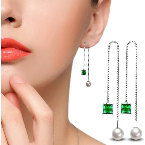 Simple Inlay CZ Imitation Pearl LONG Tassels Dangle Earring for Women Silvery color ear Jewelry Gift Drop Shipping
