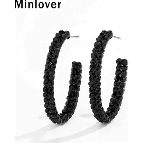 Minlover New Black Rhinestone Circle Hoop Earrings for Women Bride Geometric Round Earring Brincos Party Wedding Jewelry MEH1451
