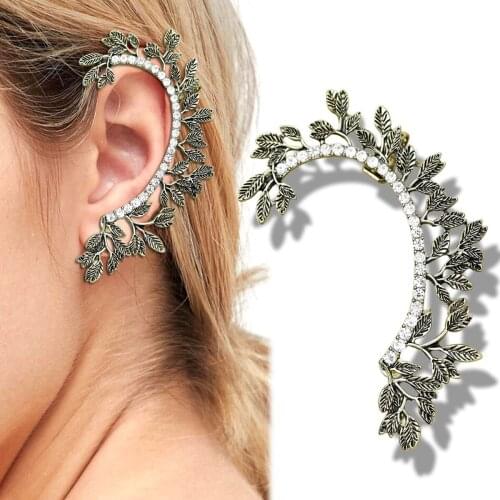 Women Leaf Branch Roman Earrings Stal Pave Pierced Ear Stud Cuff Wedding Fancy Dress Boho Vintage Cosplay Costume