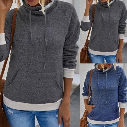 2020 Autumn Women Hoodies Stand Collar Hooded Sweatshirt Long Sleeve Drawstring Pocket Plush Lining Female Casual Tops Pullovers
