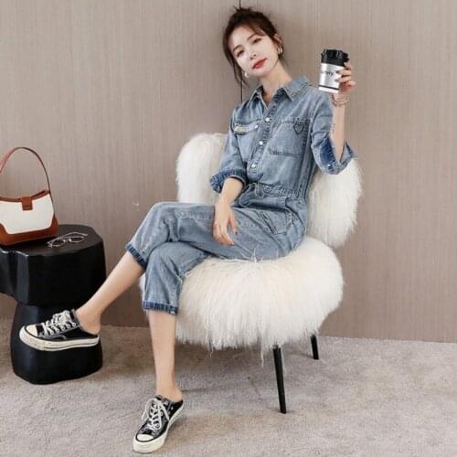 Women Denim Jumpsuit Lapel Multi-Pockets Single-Breasted Drawstring Waist Slim Fit Solid Blue Ladies Three-Quarter Sleeve Summer