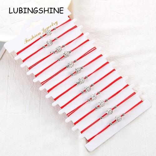12pcs/lot Crystal Disco Ball Beads Charms Braided Bracelet for Women Adjustable Red Good Luck Blessing Anklet Bracelet Jewelry
