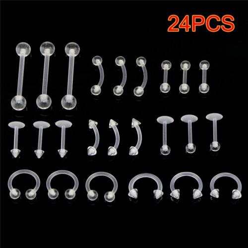 24PCS Clear Color Belly Navel Tongue Lip Rings Bars Studs Body Piercing Jewelry