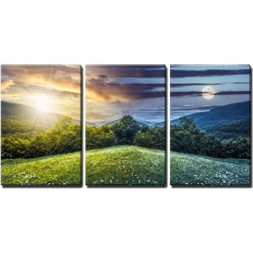 3 Piece Canvas Wall Art - Trees on Hillside of Mountain Range with Coniferous Forest and Flowers-Modern Home Decor Drop shipping
