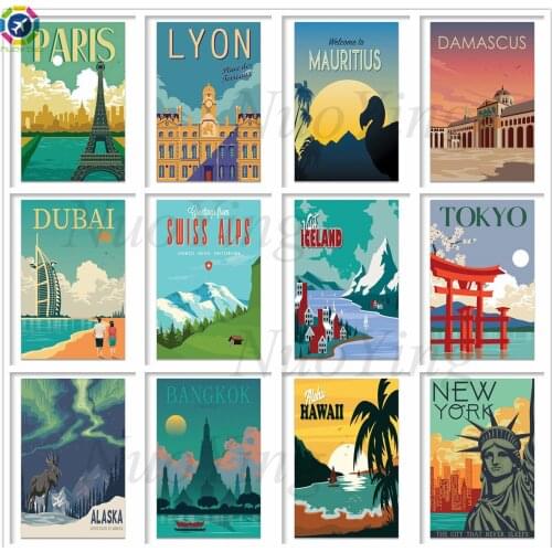 Diamond Painting 5d Retro Travel New York Paris London Poster City Wall Art Diamond Embroidery Mosaic Cross Stitch Home Decor