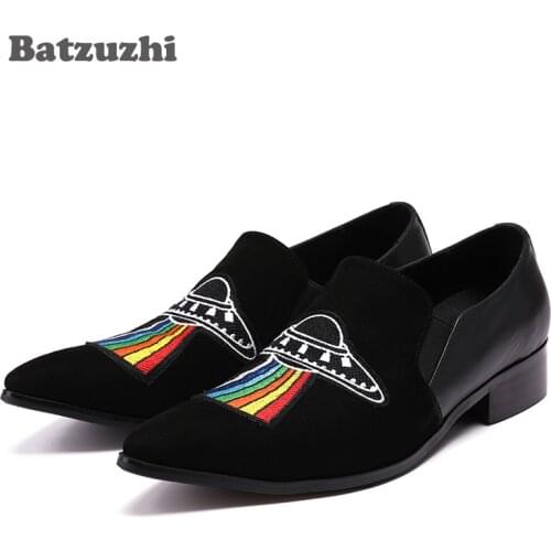 Batzuzhi Luxury Designers Men Shoes Pointed Toe Black Suede with Embroidery Mens Loafers Shoes Chaussure Homme, Big Size 38-46