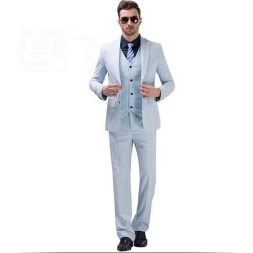 2020 White Blue Plaid Wedding Suits Groomsmen Best Men Suit Groom Wear Tuxedos (Jacket+Pants+vest) Costume terno noivo Dress