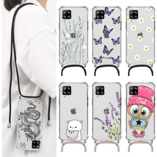 For Samsung Galaxy A42 5G Case Hard PC Airbag Clear Cover For Samsung A42 A 42 6.6" Crossbody Necklace Cord Lanyards Flower Capa