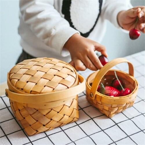 Wood Woven Storage Basket with Cover Lid Food Fruit Container Holder Beverage Organizer Baskets for Home Picnic