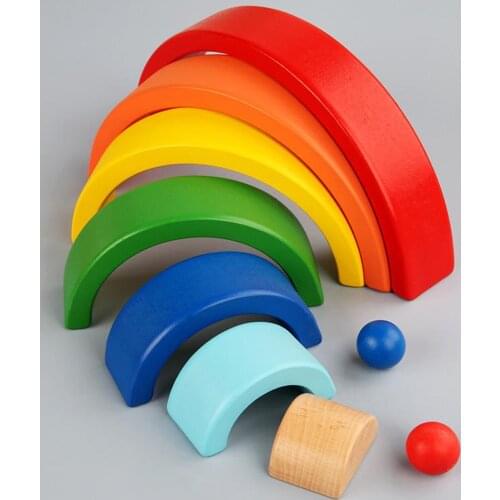 Rainbow Color Wood Arched Building Blocks Match Shape Toddlers Creative