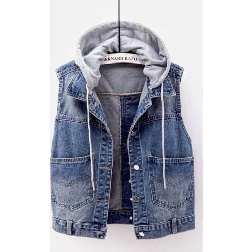 Denim vest womens short 2021 spring and autumn new Korean wild hooded big pocket waistcoat sleeveless waistcoat Female 466