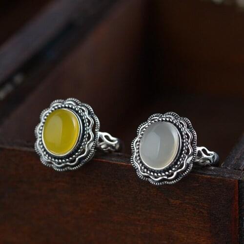 FNJ 925 Silver Flower Ring fo Women Jewelry 100% Original Pure S925 Silver Sterling Rings Vintage Round Yellow White Chalcedony