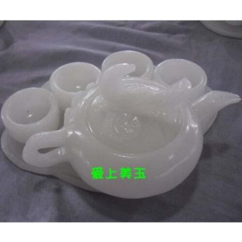 China handmade jade carving natural white jade Kungfu teapots and bowls