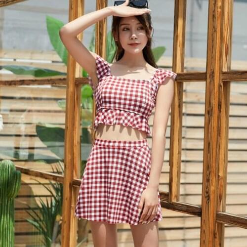 Bikini Sets Womens Summer Plaid Preppy Style High Waist Cute Students Safety Sweet Vintage Beachwear Square Collar Swimwears