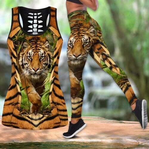 Beautiful Tiger 3D All Over Printed Hollow Tank Top & Leggings Set Fitness Female Full Length Leggings Running Pants DDK60