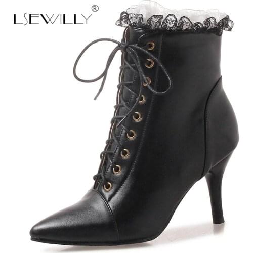 Lsewilly 2018 New autumn women pointed toe cross-tied thin heel ankle boots lady lace up high heel boots plus size 32-46 S785