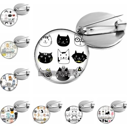 Cute Cartoon Cat Face Expression Girl Brooch Anime Little Cat Glass Cabochon Brooch Lovely Kitten Face Brooch Pins for Unisex