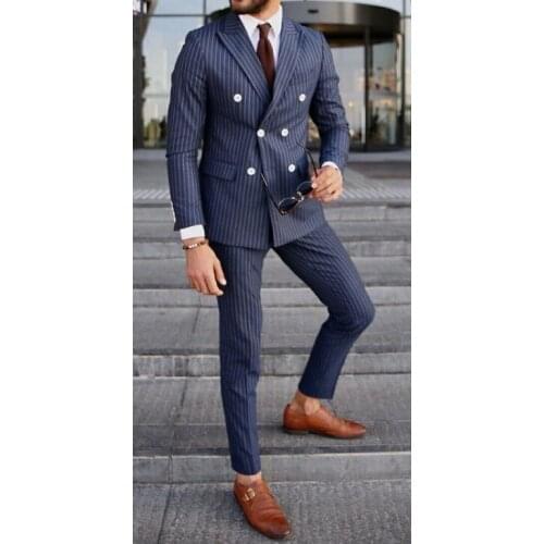 Latest Navy Blue Striped Suit Men Vintage Tailored Business Suits Dinner Suits Prom Dresses Groom Wear Two Pieces(Jacket+Pants)