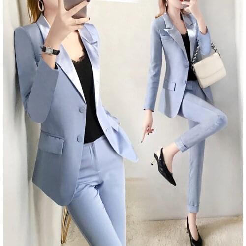 New Office Lady professional suit sets womens blue Blazer Jacket pants suits spring fashion Slim suit & pencil pants two-piece
