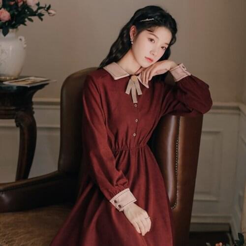 BLLOCUE Autumn Winter Retro Fashion Cute Bow High Waist Long Sleeve Womens Dress