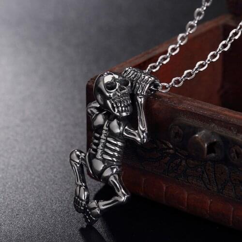 Punk Skull Pendant Necklace Statement Vintage Skeleton Gothic Necklaces For Men Leather Rope Chain Jewelry Boys Party HE059