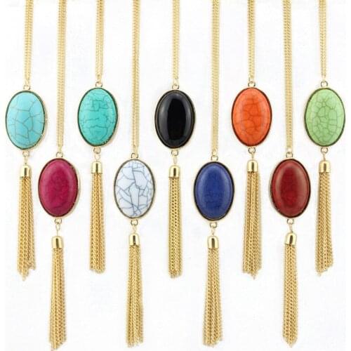 2019 Trend Fashion Women Tassel Pendant Natural Stone Necklace Prefect Pop of Drama Style Tassel Pendant Necklace for Women