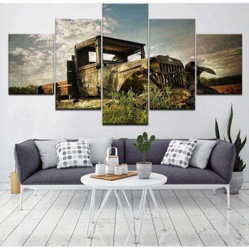 Framework Living Room HD Printed Painting 5 Panel Grunge Broken Lorry Rust Modern Wall Art Pictures Home Decoration Posters