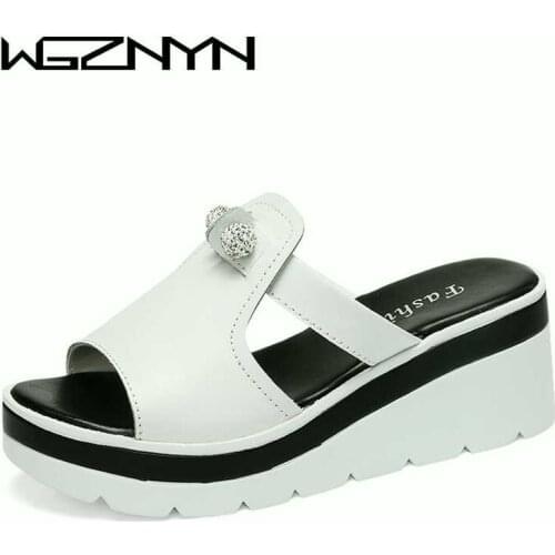 WGZNYN Womens Fashion Pearl Slippers Genuine Leather Summer Shoes Woman Female Slides Solid Women Flip Flops Outside Shoes W204