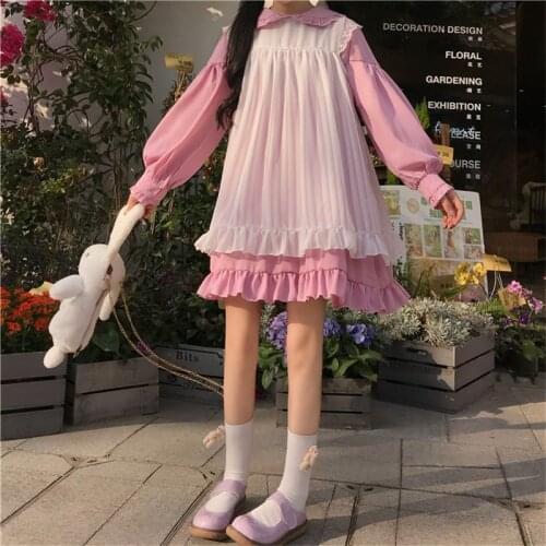 Japanese Sweet Soft Girl Lolita Dress Kawaii Princess Maid Vintage Peter Pan Collar Ruffle Lantern Sleeve Elegant Women Dresses