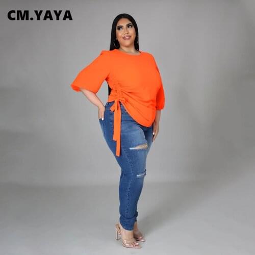 CM.YAYA Women Plus Size Tops Solid Nine Quarter Sleeve O-neck Draw String Loose T-shirts Fashion Casual Streetwear Summer 2021