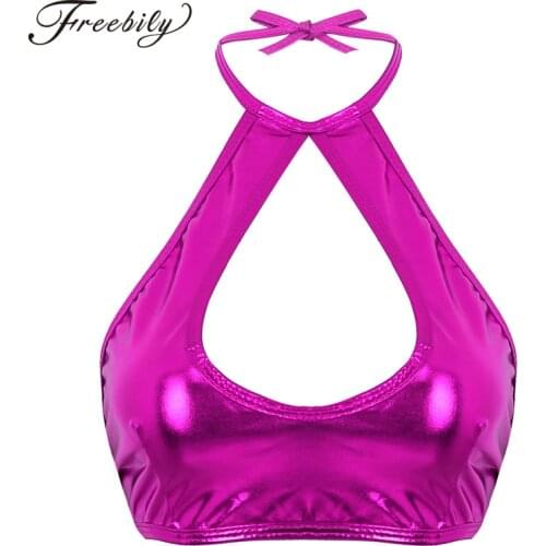 Women Shiny Faux Leather Halter Neck Backless Nightclub Party Festival Rave Crop Tops Pole Dance Costume Slim Fit Sexy Tops