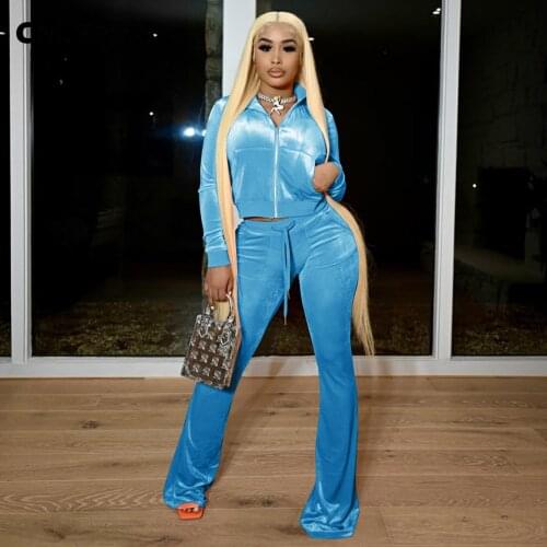 Lemon Gina Women Set Solid Velvet Zip Pockets Crop Tops + Flare Pants Two 2 Piece Sets Fashion Outfits Active Tracksuit Autumn