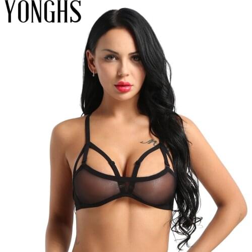 Womens Erotic Lingerie Bra Soft Mesh See Through Adjustable Spaghetti Shoulder Straps Back Cross Wire-free No Pad Bondage Bra