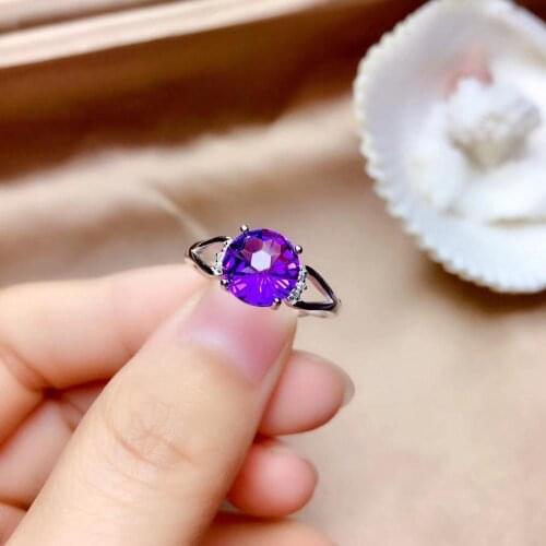 Classic natural purple Amethyst gemstone ring women fine jewelry purple shiny bright color round gem birthday party date gift