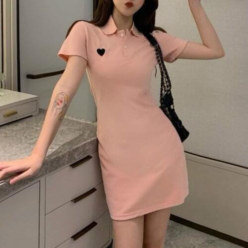 Harajuku Summer Dresses Women Embroidery Sweet Heart Short Sleeve Buttons Turn Down Collar Mini Dress Vestidos 2021